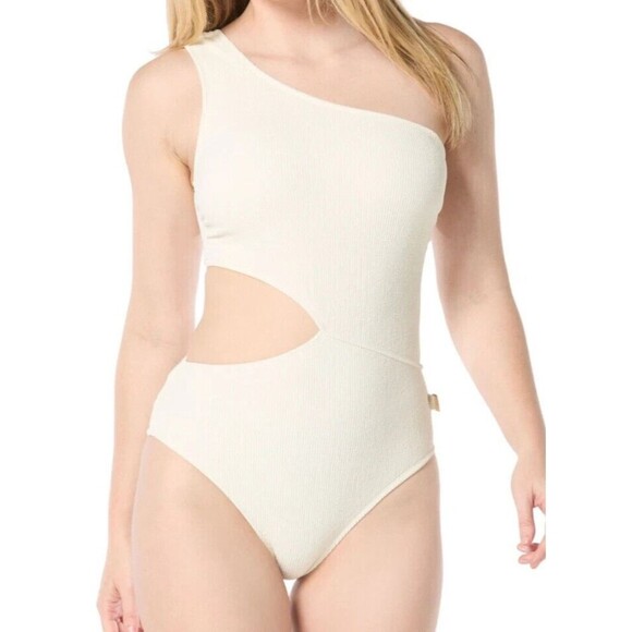 MICHAEL Michael Kors Women's Ribbed One-Shoulder Side-Cutout Swimsuit Ivory 8 - Picture 1 of 7